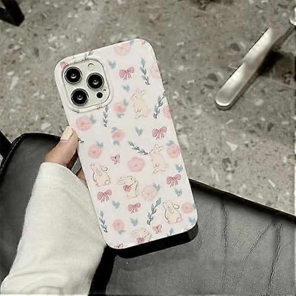 Rosa Blommig Kanin Mobilskal för iPhone 15 Pro Max, Sött Korea 3D Kanin Blomma Tecknat Skal för Kvinnor Flickor