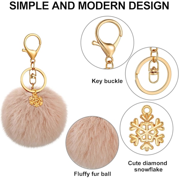 4 stk. 3\" Pompom Nøgleringe med Snefnug Charms og Springringe