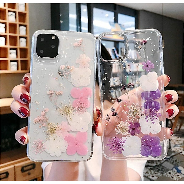 Iphone 11 Pro Blomsteret Etui Piger Kvinder Glitter Presset Tørret Ægte Blomster Cover Fleksibel Blød Gummi Krystalklar Etui Til Iphone 11 Pro (hydrang
