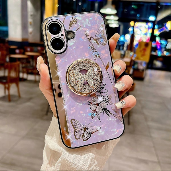 iPhone 16 -kotelo strassikoristeilla, jalustalla, TPU+PC perhoskuvioinen kukka-puhelinkuori