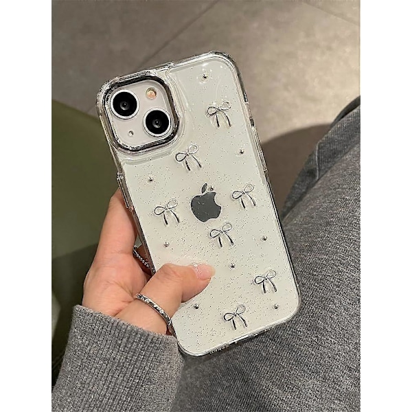 Etui til iPhone 15, Bling Glitter 3D Sløjfe Telefon Etui Sødt Glitrende Krystalklart Sløjfe Æstetisk Design Etui Slankt Blødt Holdbart TPU Transparent Beskyttelse