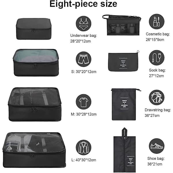 8-pack Organizer Set för Resväskor, Förvaringsväskor, Packningskuber, Resväskor, Presenter Svart Black