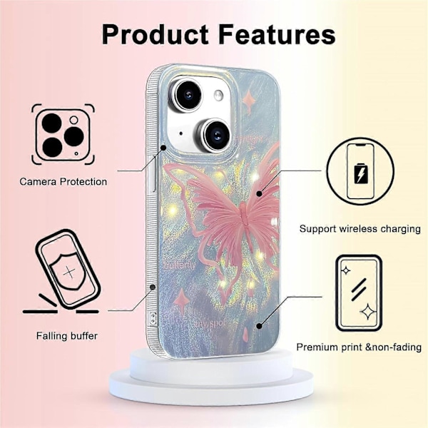1 st Kompakt Skal för iPhone 15 Ljusrosa Fjärilsdesign, Sött Trendigt Mjukt Slimmad Stöttåligt Skyddande Mobilskal Fodral för Kvinnor Flickor Estetiskt