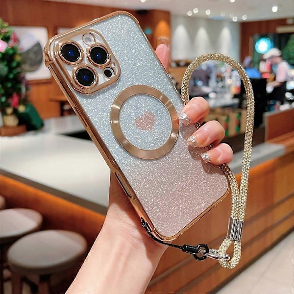 Deksel til iPhone 16 Pro Max, kompatibelt med MagSafe, TPU-telefondeksel med stropp, hjertegradient, glitter