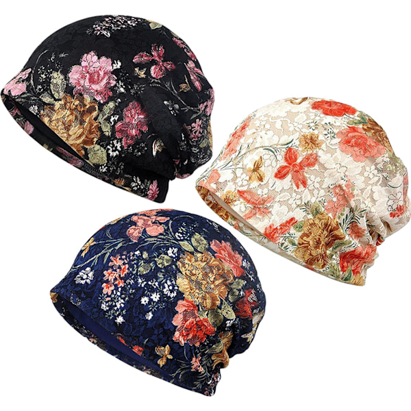 3-pack blommig spetsmössa, kemobeanie för kvinnor