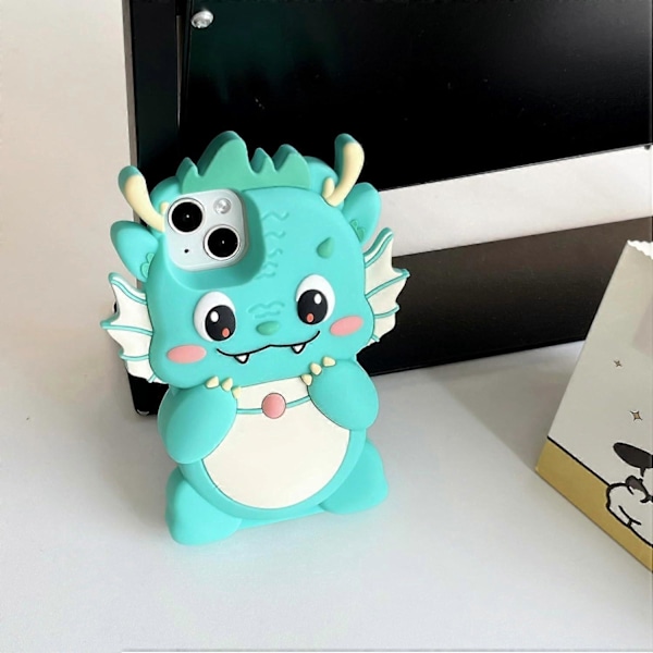 1 st Fodral för iPhone 15 Pro Max, Kawaii Mobilskal 3D Silikon Tecknad Drakgrön Roligt Sött Skal Mjukt Gummi Stötsäkert Skyddande Fodral Kvinnor Flickor