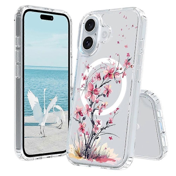 Cover til iPhone 16 Plus, kompatibel med MagSafe, blomstermønster trykt TPU+PC telefoncover