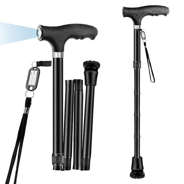 Foldbar Stok - Letvægts Foldbar Mobilitetsstok til Mænd & Kvinder, Seniorhjælpemiddel, Sort