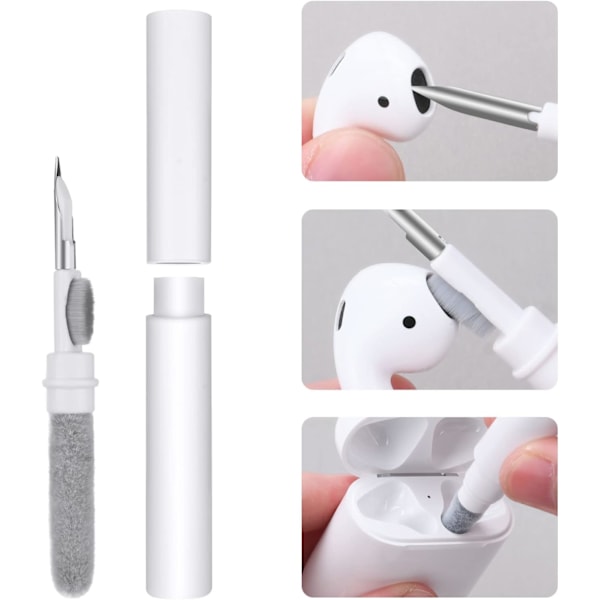 AirPod Rengjøringssett, 3 i 1 Airpod Rengjøringspenn med Svamp, Trådløse Ørepropper Rengjøringspenn, Multifunksjonelt Øretelefon Rengjøringssett - Hvit