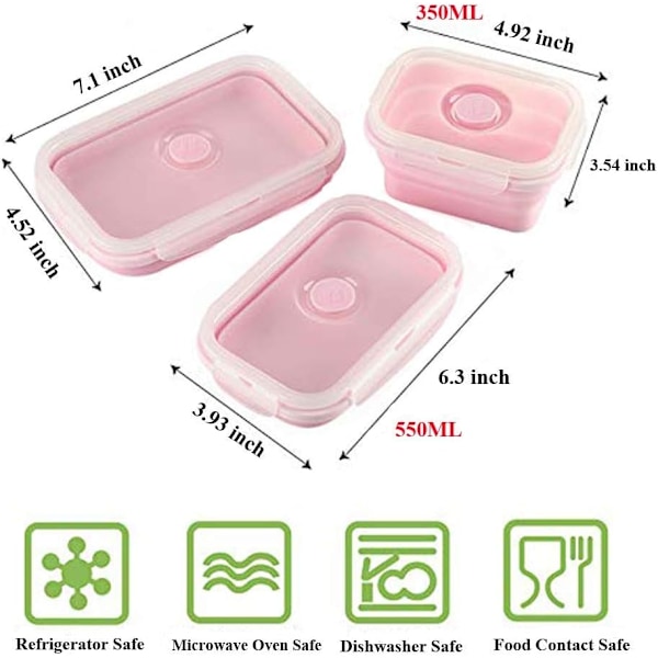 3-pack Silikon Lunchbox Bärbar Vikbar (Rosa)