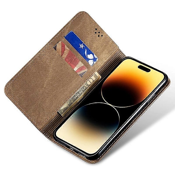 iPhone 15 Plus iskunkestävä puhelinkotelo lompakkoteline PU-nahkaa farkkukangasta puhelinkuori