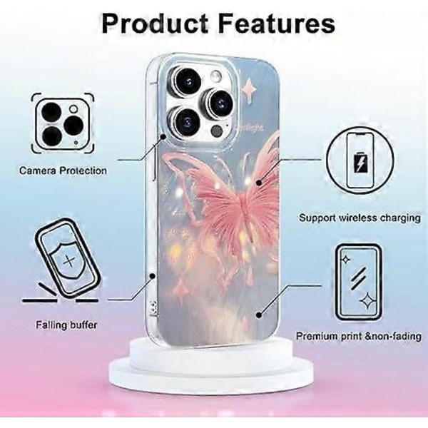 Skal för iPhone 14 Pro Max Rosa Fjärilsdesign, Söta Trendiga Mjuka Slim TPU Stötsäkra Skyddande Mobilskal Fodral för Kvinnor Flickor Estetisk GlitterSh