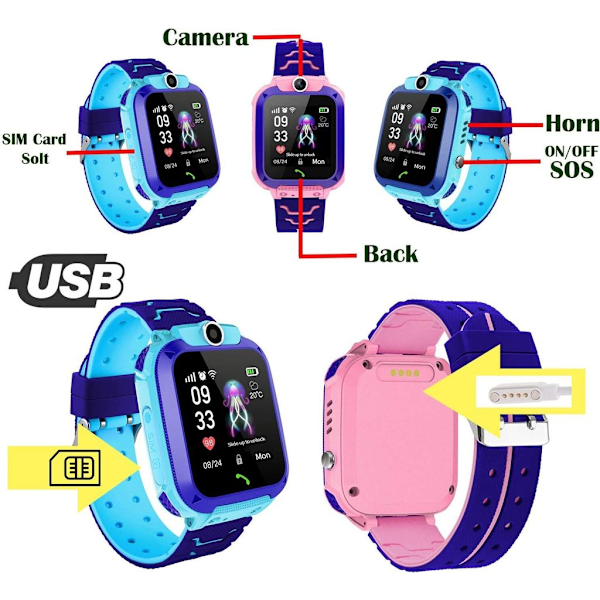 Børnesmartwatch, Vandafvisende Touchscreen Børnesmartwatch (Pink)
