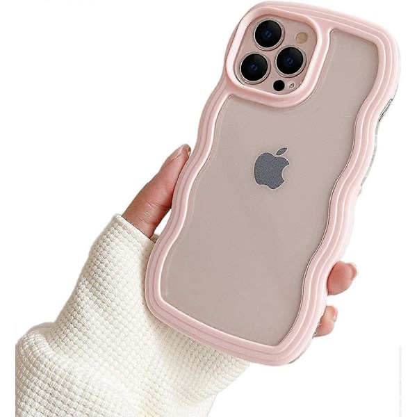 Kompatibel med iPhone 15 Pro Max Skal, Transparent Sött Lockigt Enkelt Vågskal Estetisk Design Stötfångare för Flickor Kvinnor Mjukt TPU Skyddsskal - Rosa