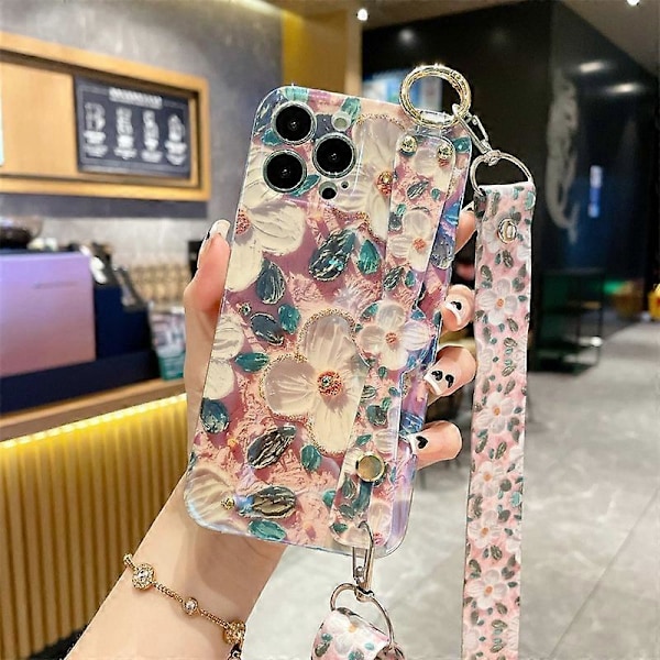 Mobilskal för iPhone 15 Pro Max med strassdekor, epoxibelagd PC+TPU-skal med snodd
