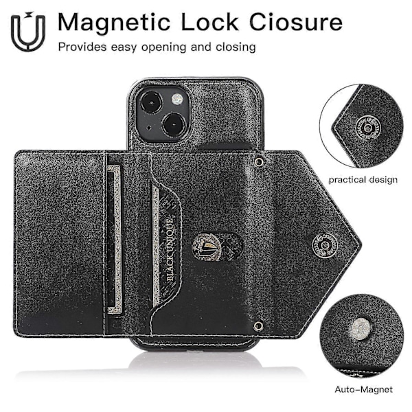 For iPhone 15 Mobiltelefon Deksel Triangel Lokk Kortveske Lær+TPU Deksel med Lang Stropp