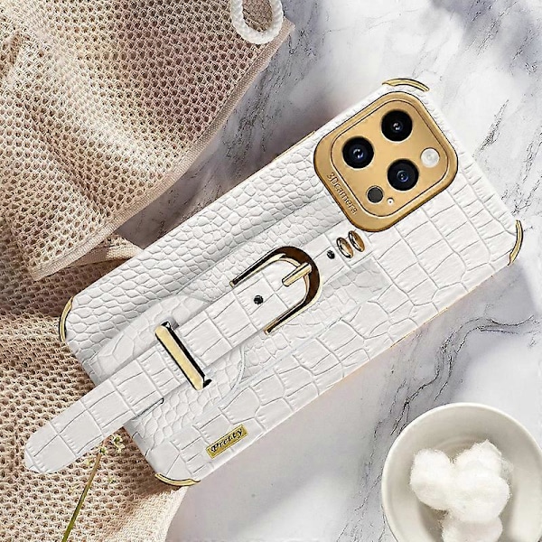 Krokodille tekstur 6D galvaniseret armbånds etui i PU læder + TPU telefoncover til iPhone 14 Pro