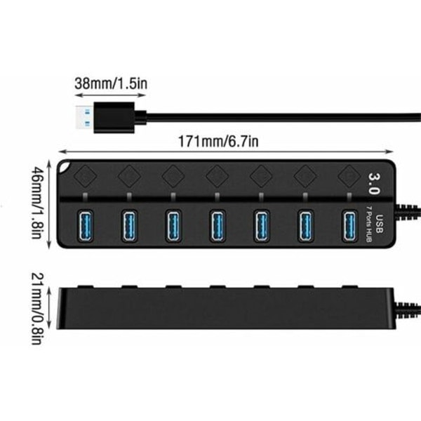 USB 3.0 Hub, Multi 7 Portar USB Ström med Individuell Strömbrytare, Strömförsörjd USB 3.0 Hub, Flera USB-portar för PC, Laptop,