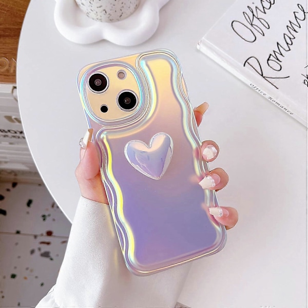 1 st för iPhone 15 Skal 6,1 Tum Sött 3D Kärlekshjärta Vågformad Ram Mjukt Silikon Glitter Laser Färg Glitter Telefonskal för iPhone 15 för Kvinnor Gi