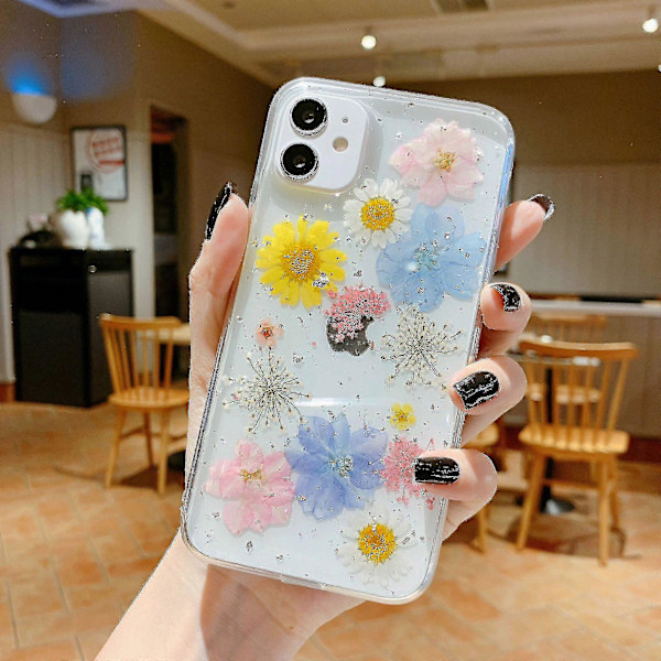 Skal till iPhone 13, Blommor, Genomskinligt Sött Pressat Äkta Blomdesign Transparent Mjukt TPU Gummi Im Skyddande Blommigt Fodral för Kvinnor Flickor till iPhone 13 (
