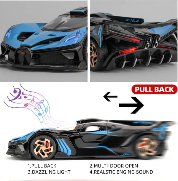 TGRCM-CZ Bugatti Bolide 1/32 Skala Støpt Modellbil Sink Legering med Lyd og Lys Gave til Barn Gutter Jenter Blå Blue
