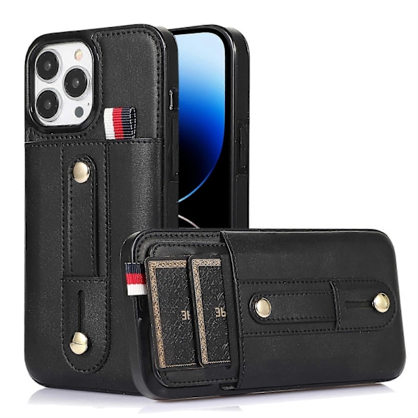 iPhone 14 Pro Max -puhelimen ranneke, jalusta ja lompakko, nahkainen suojakotelo