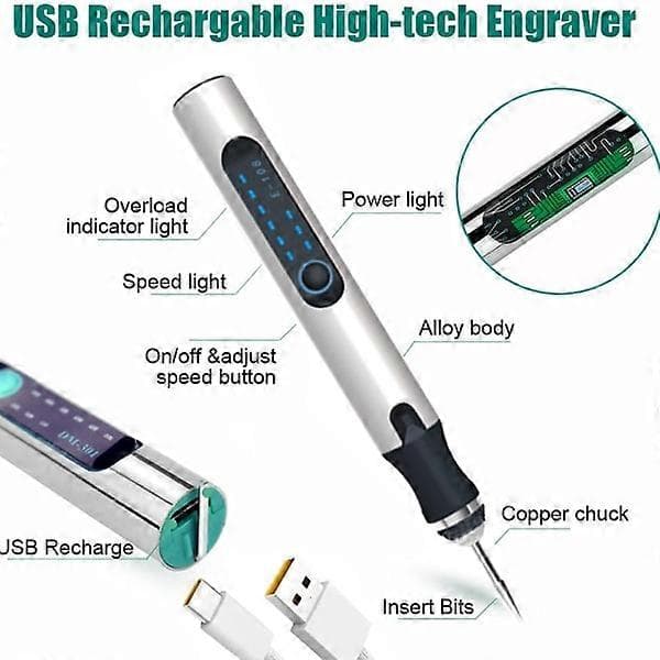 USB Graveringspen - Genopladelig Mini Graver med Tilbehør - Trådløs Graveringssæt til Træ, Metal, Glas, Sten