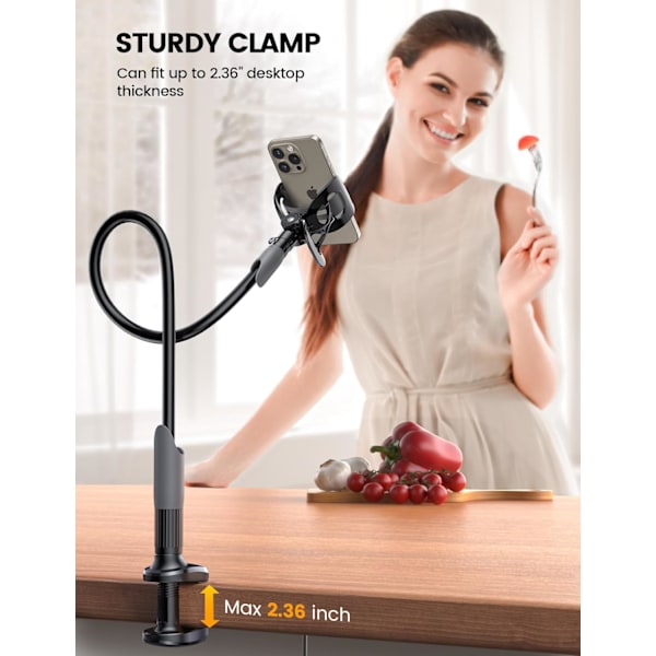 Gooseneck Telefonhållare för Säng - Mobiltelefonfäste med Klämma, Flexibel Lång Arm, Överliggande Fäste för Skrivbord Sänggavel Sängbord
