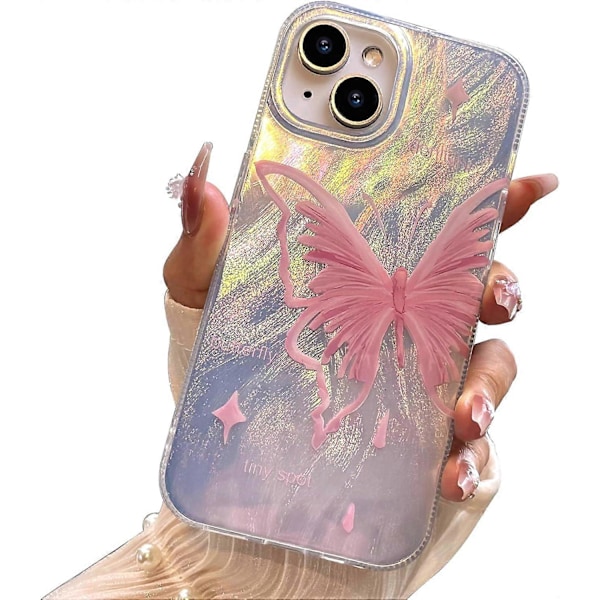 1 stk. Kompakt etui til iPhone 15, sart lyserød sommerfugl design, sødt trendy blødt slankt stødsikkert beskyttende telefoncover til kvinder piger æstetisk