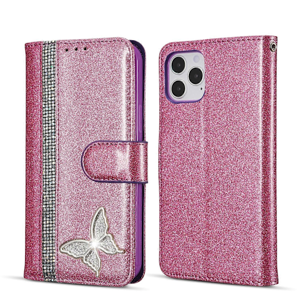 Glitterpuder Fjäril Läder Telefonfodral för iPhone 12 mini