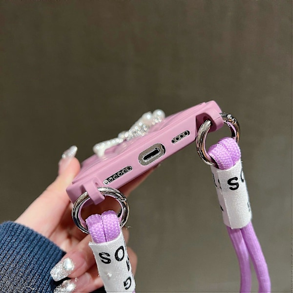 Skal för iPhone 15 Pro Max med handledsrem, TPU-telefonskal, söt 3D-rutnätsrosett-hänge