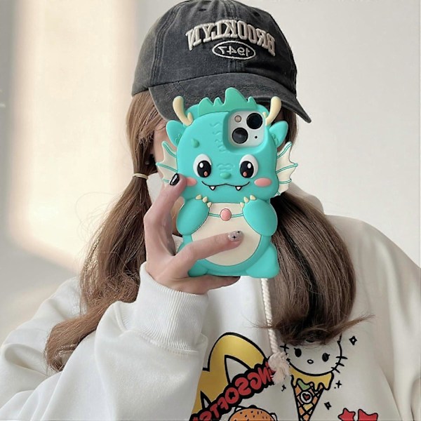 1 st Fodral för iPhone 15 Pro Max, Kawaii Mobilskal 3D Silikon Tecknad Drakgrön Roligt Sött Skal Mjukt Gummi Stötsäkert Skyddande Fodral Kvinnor Flickor