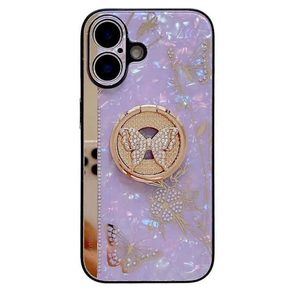 iPhone 16 -kotelo strassikoristeilla, jalustalla, TPU+PC perhoskuvioinen kukka-puhelinkuori
