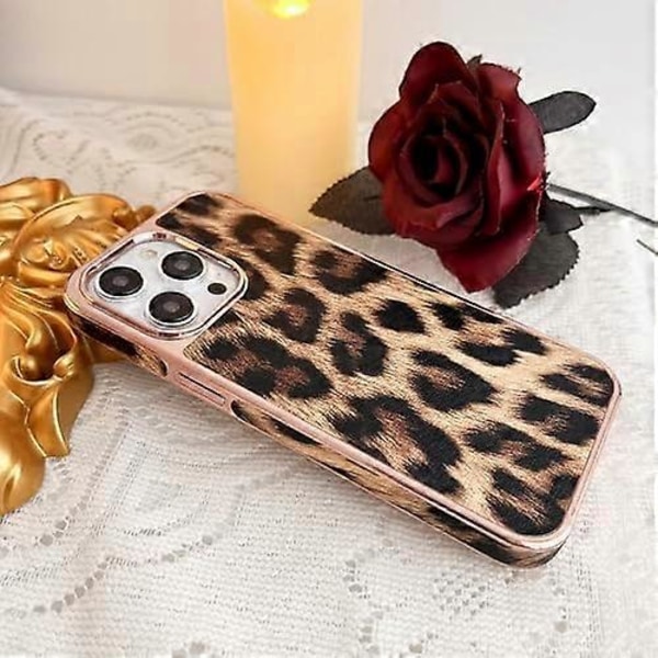 Lyxigt Leopardmönstrat Mobilskal för iPhone 15 Pro Max, Mode Pläterad Lädersida Ramdesign Stötsäkra Skyddsfodral Kvinnor för Apple 15 P