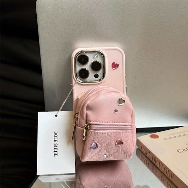 För iPhone 14 Pro TPU Skal Läder Liten Skolväska Design Mobilskal med Axelrem - Rosa