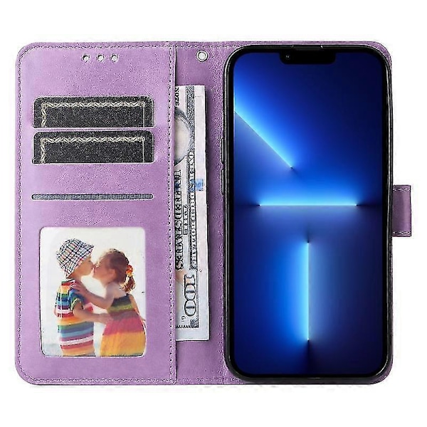 Til Iphone 13 Pro Præget Solsikke Læder Telefon Cover (lilla)