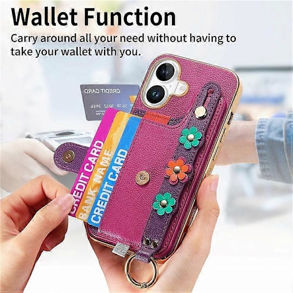 Kompatibel med iPhone 16 Etui Kortholder Læder Bagside Cover 3D Blomster Armbånd