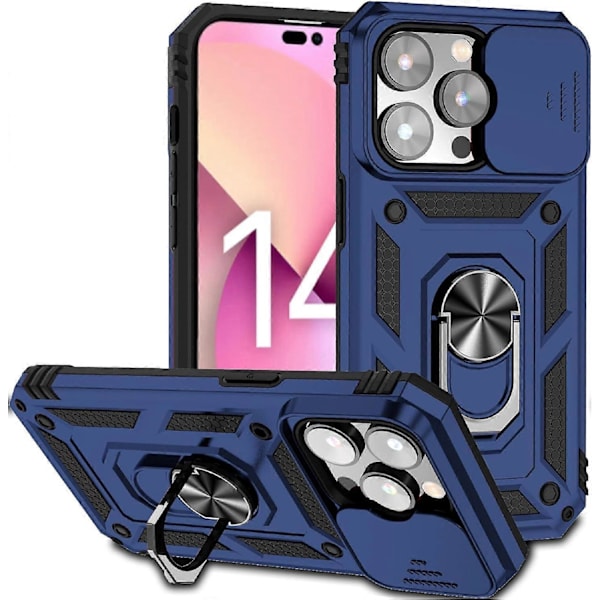 Pansarfodral för iPhone Ställfodral med Skjutbart Kameraskydd & Stöd Militärklass Kraftigt Skydd med Magnetisk Hållare för iPhone11PRO (Blå)