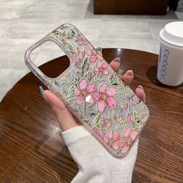 För iPhone 15 Pro Mobilskal TPU+PC Skyddande Skal Glitterpulver Röd Blommönsterdesign