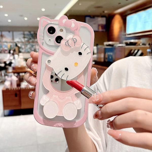 1 st Sött Tecknad Katt Skal, 3D Rosett Kawaii Ansikte Sminkspegel Kvinnor Flickor Barn Mjuk TPU Klar Skyddande Telefonfodral Rosa