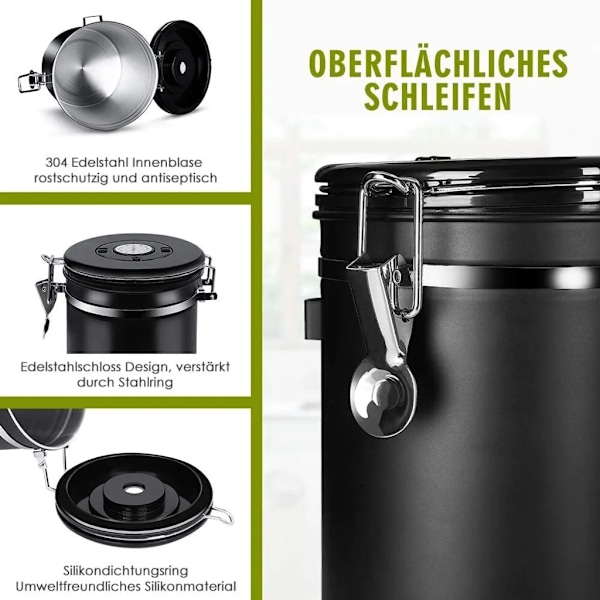 Kaffebehållare, förseglade kaffekärl, rostfritt stål black