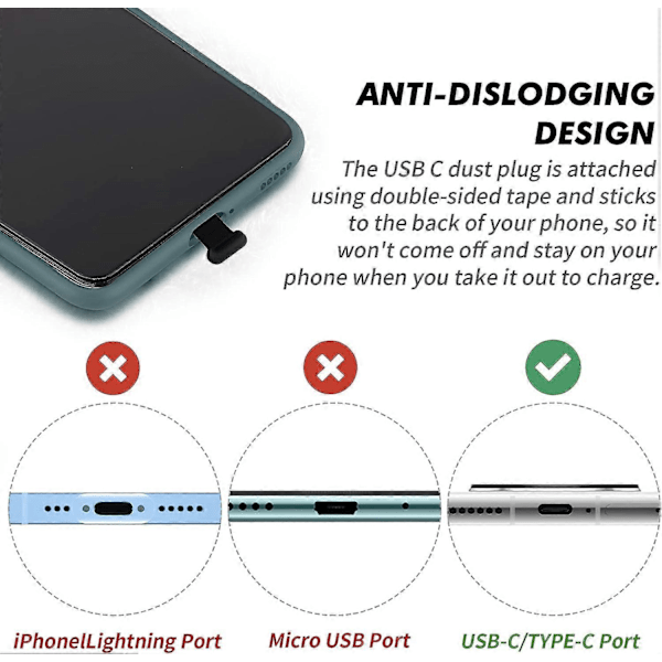 Mustat pölysuojat USB C -tyypin C-portille, 3 kpl, silikoniset pölysuojat C-tyypin puhelimelle, pölysuojat irrotettavalla liimalla