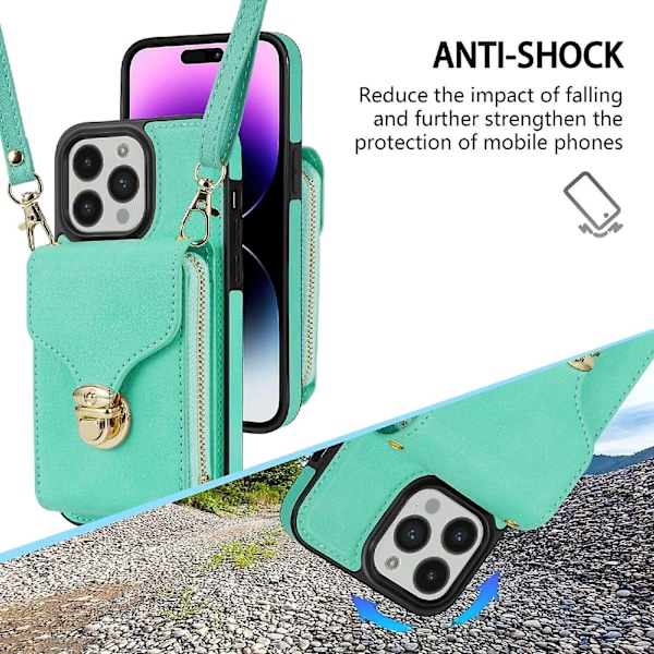 PU-læder + TPU-telefonetui med støttefod, kortholder og lynlåslomme til iPhone 14 Pro Max
