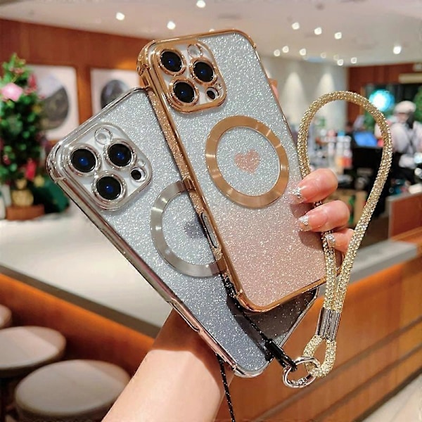 Deksel til iPhone 16 Pro Max, kompatibelt med MagSafe, TPU-telefondeksel med stropp, hjertegradient, glitter