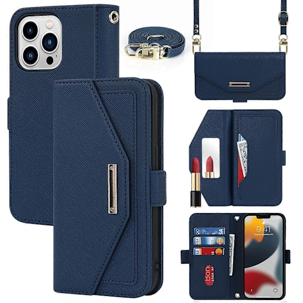 Læder telefoncover med krydset tekstur og lanyard til iPhone 14 Pro Max