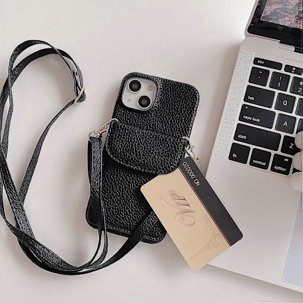 Mobilskal med axelrem för iPhone 15, Kortfodral PU Läderbelagd PC-skal med axelrem