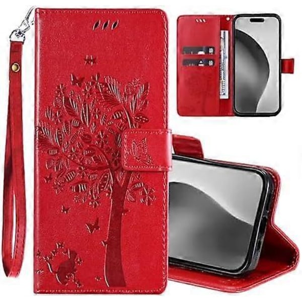 iPhone 16 Pro Max med korthållare, PU-läder Ställ Kvinnor Män Präglat Träd Katt Fodral, Handledsrem Flip Folio Flera Fack Skydda Telefonfodral för