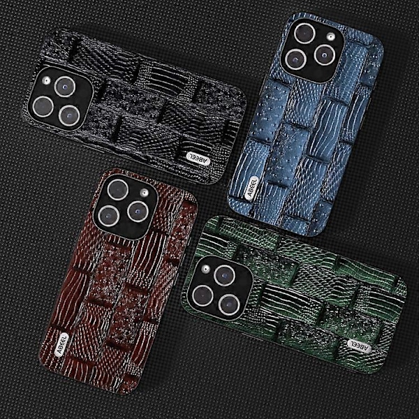 Til iPhone 15 ABEEL Ægte Læder Mahjong Mønster Sort Kant Telefon Cover