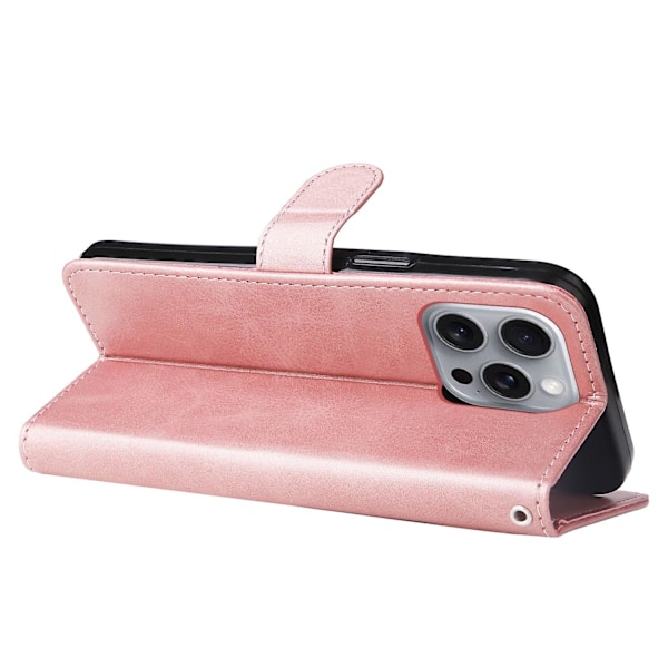 Fodral för iPhone 16 Pro Max med dragkedjeficka, flip, stöttåligt läderfodral - Rosa