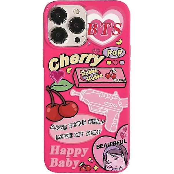 Rosa Kirsebærhjerter Y2K iPhone 13 Pro Max Deksel - Kawaii Jentete TPU-deksel for Kvinner og Jenter